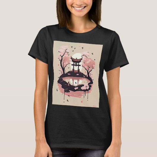 Cherry Blossom Trees Japans Shrine Pond met bir T-shirt (Voorkant)