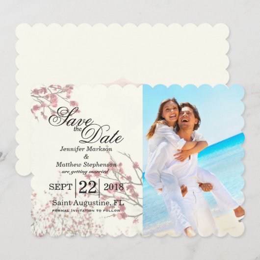  Cherry Blossom Trees op Elegant White Save The Date (Voorkant / Achterkant)