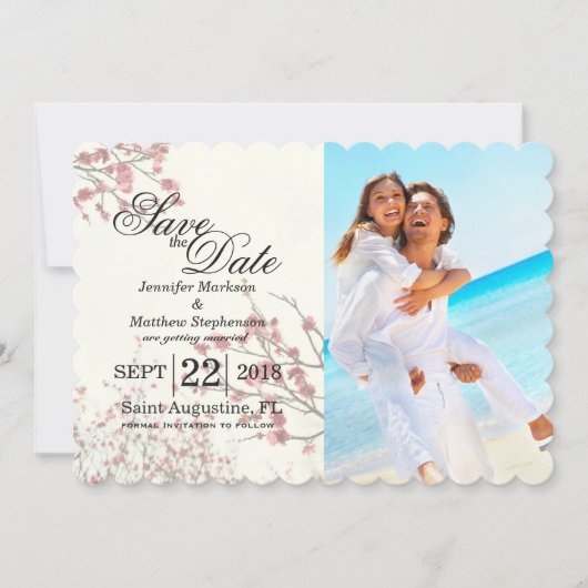 Cherry Blossom Trees op Elegant White Save The Date (Voorkant)