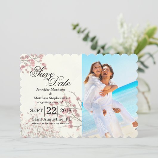 Cherry Blossom Trees op Elegant White Save The Date (Staand voorkant)
