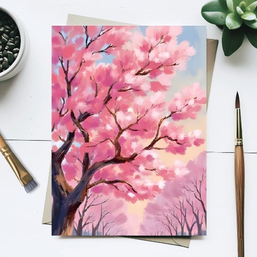Cherry Blossom Trees Roze Bloemen Schilderij Briefkaart