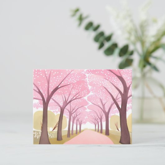 Cherry Blossom Trees Roze Waterverf Path Briefkaart (Staand voorkant)