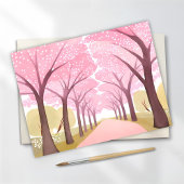 Cherry Blossom Trees Roze Waterverf Path Briefkaart