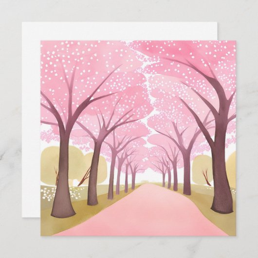 Cherry Blossom Trees Roze Waterverf Path Feestdagenkaart (Voorkant / Achterkant)