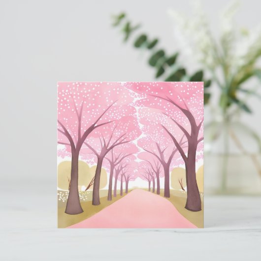 Cherry Blossom Trees Roze Waterverf Path Feestdagenkaart (Staand voorkant)