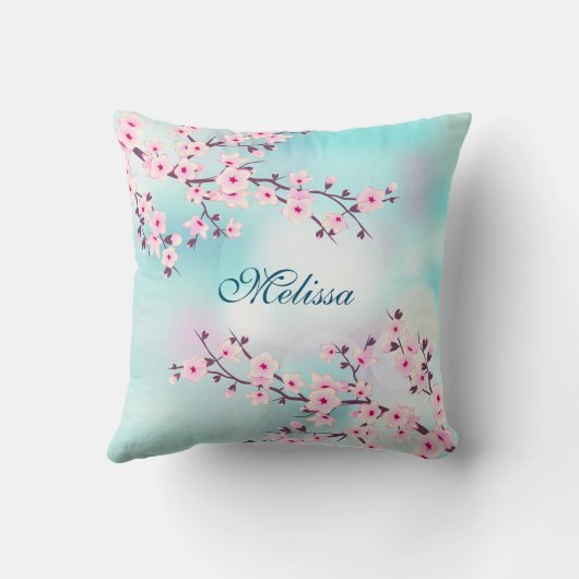 Cherry Blossom Turquoise Achtergrond Kussen (Achterkant)