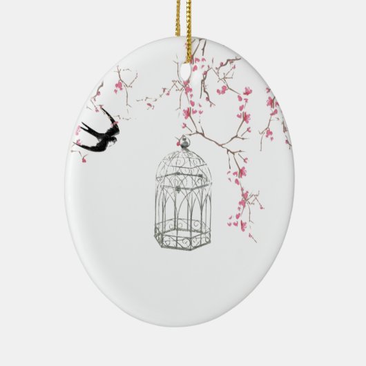 Cherry blossom, vogel, berdcage - origineel, stijl keramisch ornament (Rechts)
