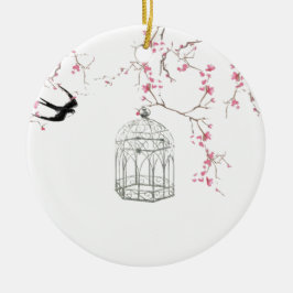 Cherry blossom, vogel, berdcage - origineel, stijl keramisch ornament