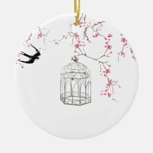 Cherry blossom, vogel, berdcage - origineel, stijl keramisch ornament (Voorkant)