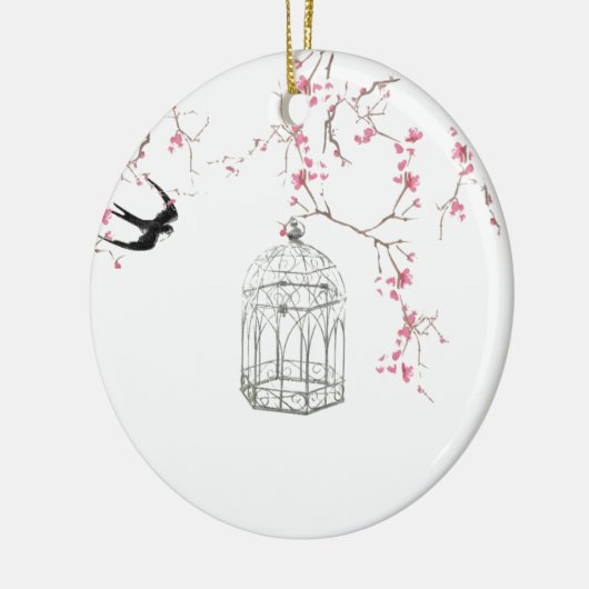 Cherry blossom, vogel, berdcage - origineel, stijl keramisch ornament (Links)