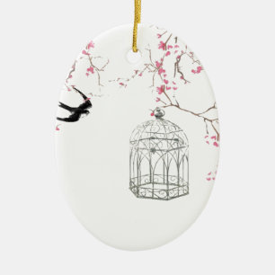 Cherry blossom, vogel, berdcage - origineel, stijl keramisch ornament