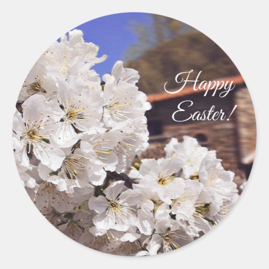Cherry Blossom. Vrolijk Pasen. Ronde Sticker (Voorkant)