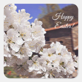 Cherry Blossom. Vrolijk Pasen. Vierkante Sticker