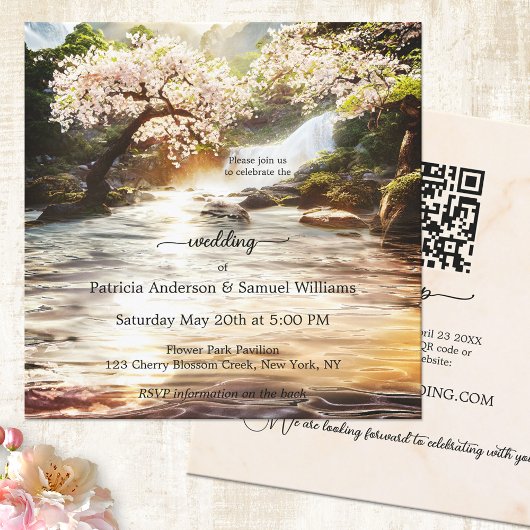 Cherry Blossom Waterfall Wedding Invitation Kaart