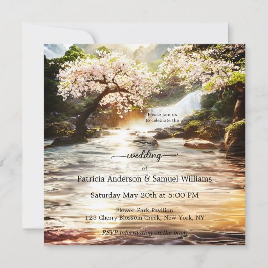 Cherry Blossom Waterfall Wedding Invitation Kaart (Voorkant)