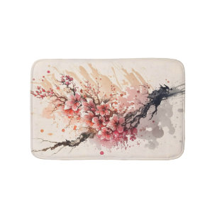 Cherry Blossom Waterverf Flowers Pink Red Floral Badmat