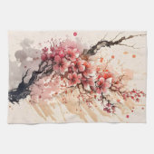 Cherry Blossom Waterverf Flowers Pink Red Floral Theedoek (Horizontaal)