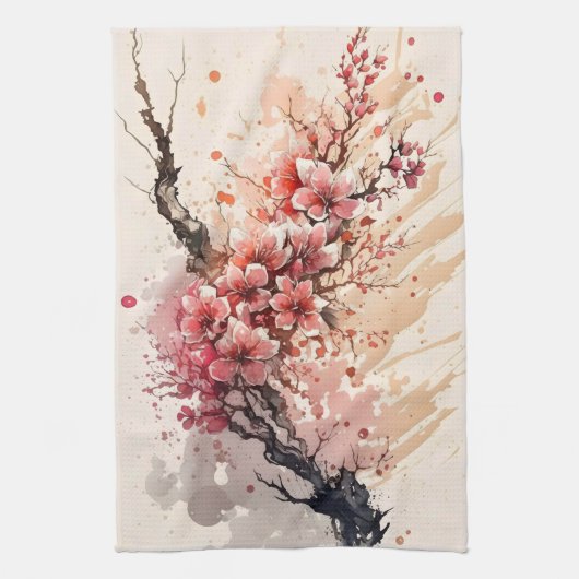 Cherry Blossom Waterverf Flowers Pink Red Floral Theedoek (Verticaal)