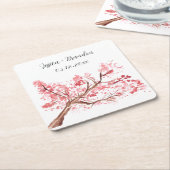 Cherry Blossom Waterverf Roze Bloemen Bruiloft Kartonnen Onderzetters (Schuin)