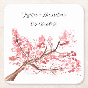 Cherry Blossom Waterverf Roze Bloemen Bruiloft Kartonnen Onderzetters