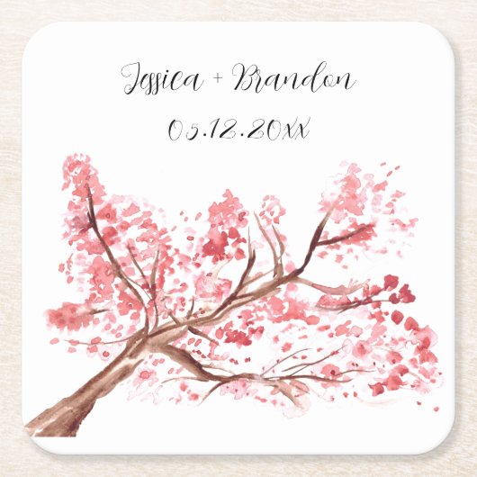 Cherry Blossom Waterverf Roze Bloemen Bruiloft Kartonnen Onderzetters (Voorkant)