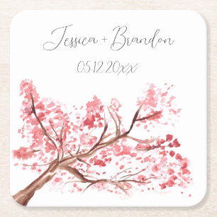 Cherry Blossom Waterverf Roze Bloemen Bruiloft Kartonnen Onderzetters