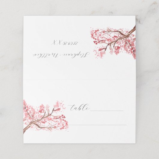 Cherry Blossom Waterverf Roze Bloemen Bruiloft Plaatskaartje (Buitenkant ongevouwen)