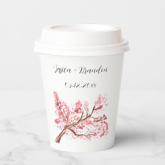 Cherry Blossom Waterverf Sakura Bloemenbruiloft Papieren Bekers (Voorkant)