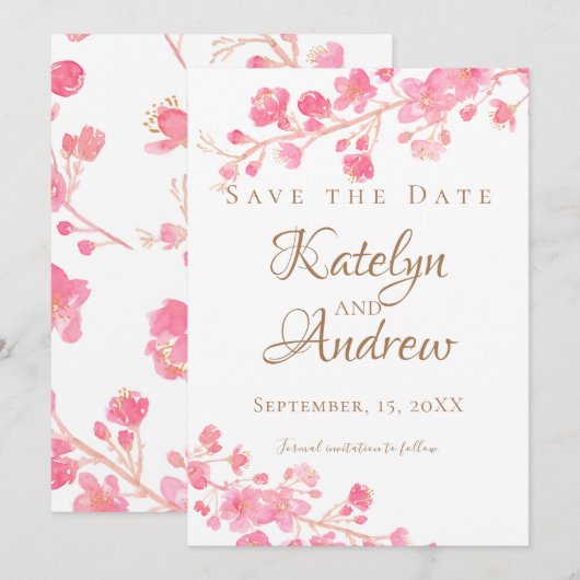 Cherry Blossom Waterverf Save The Date (Voorkant / Achterkant)