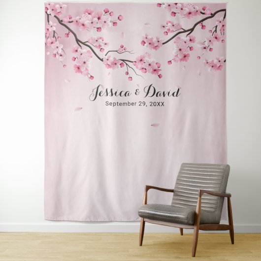 Cherry Blossom Waterverf Spring Wedding Achtergron Wandkleed (In situ)