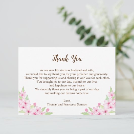 Cherry Blossom Waterverf Weddenschap Hartelijk dan Bedankkaart (Staand voorkant)