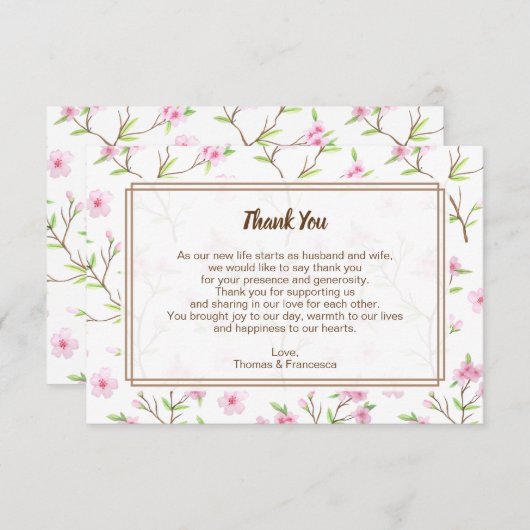 Cherry Blossom Waterverf Weddenschap Hartelijk dan Bedankkaart (Voorkant / Achterkant)