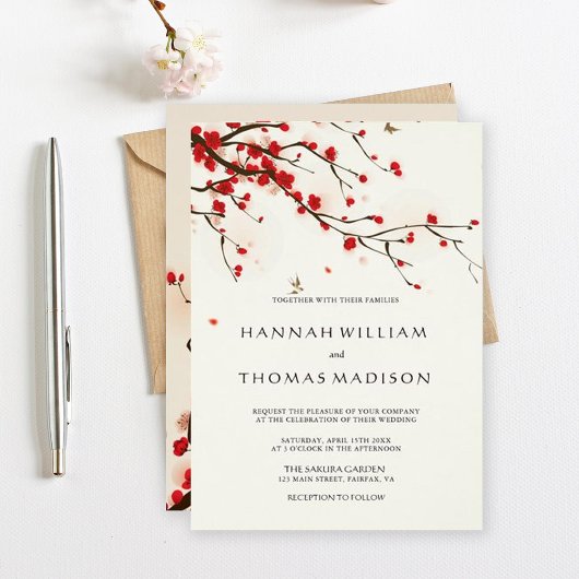 Cherry Blossom Waterverf Wedding Invitation Kaart