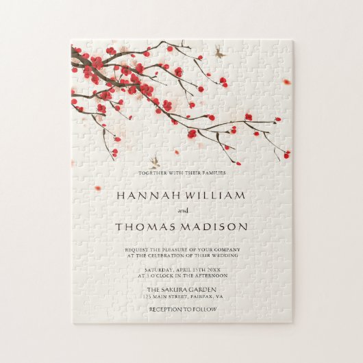 Cherry Blossom Waterverf Wedding Invitation Legpuzzel (Verticaal)