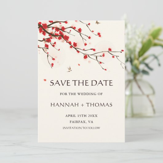 Cherry Blossom Waterverf Wedding Save the Date (Staand voorkant)