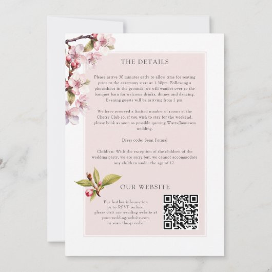 Cherry Blossom Wedding Details en Website Kaart (Achterkant)
