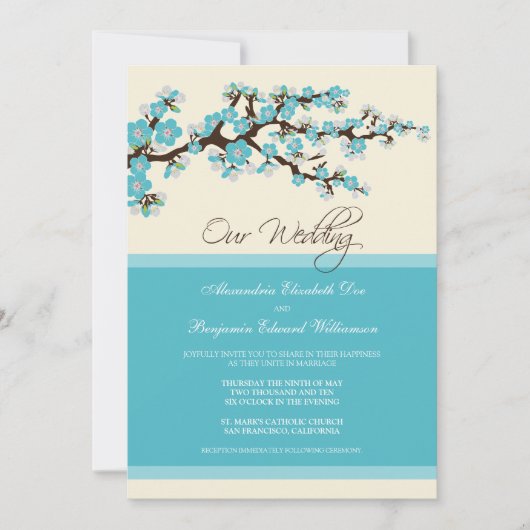 Cherry Blossom Wedding Invitation (aqua) Kaart (Voorkant)