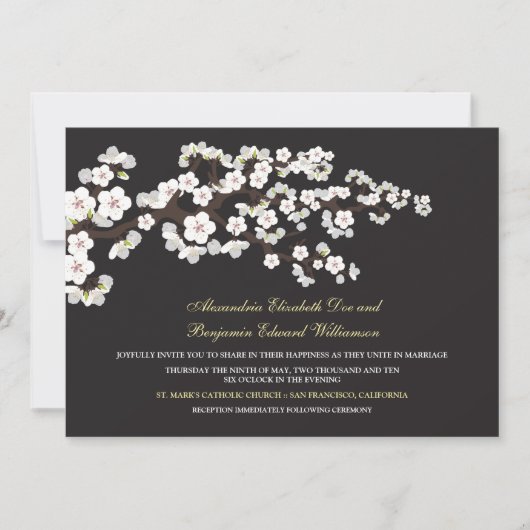 Cherry Blossom Wedding Invitation (ebony) Kaart (Voorkant)