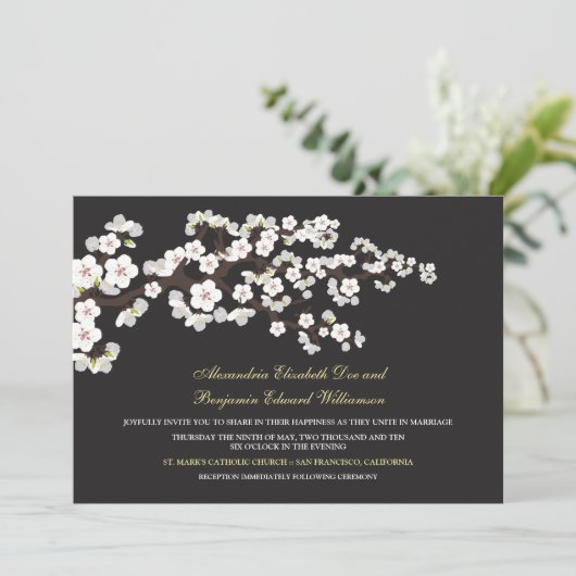 Cherry Blossom Wedding Invitation (ebony) Kaart (Staand voorkant)