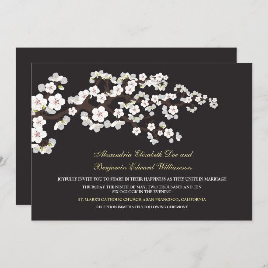 Cherry Blossom Wedding Invitation (ebony) Kaart (Voorkant / Achterkant)