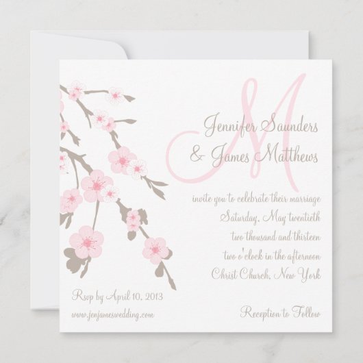 Cherry Blossom Wedding Invitation for Monogram Kaart (Achterkant)