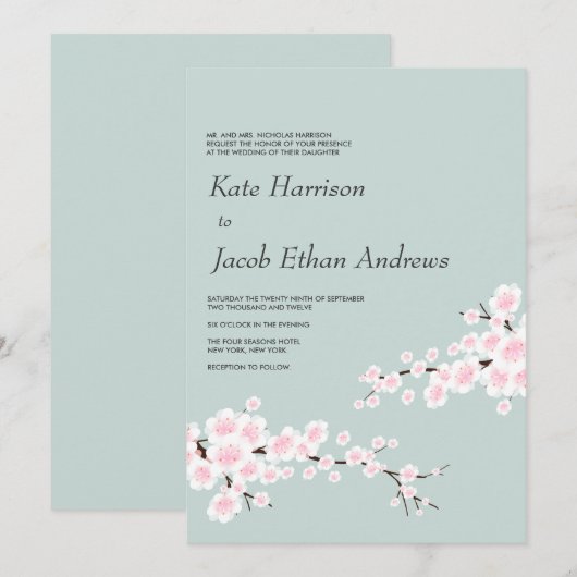 Cherry Blossom Wedding Invitation Kaart (Voorkant / Achterkant)