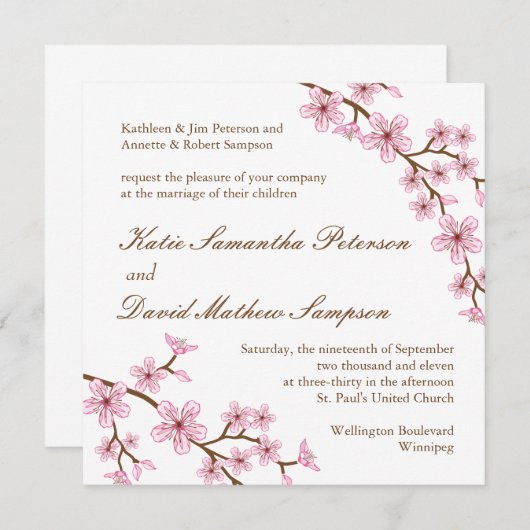 Cherry Blossom Wedding Invitation Kaart (Voorkant / Achterkant)