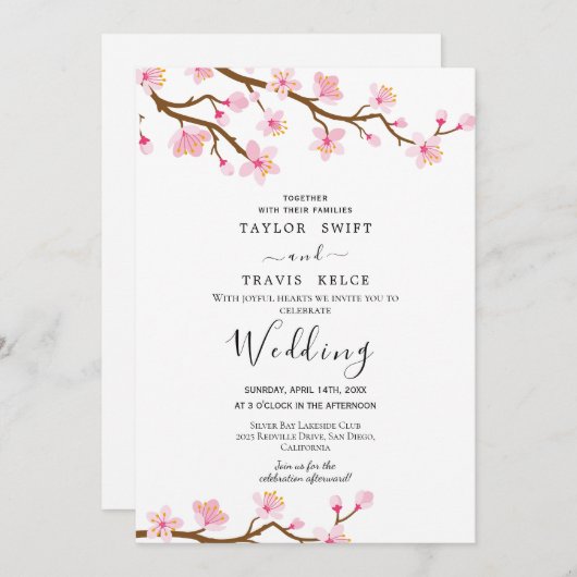 Cherry Blossom Wedding Invitation Kaart (Voorkant / Achterkant)