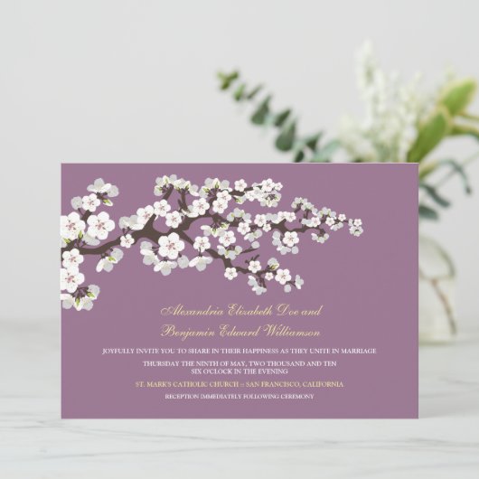 Cherry Blossom Wedding Invitation (lavender) Kaart (Staand voorkant)