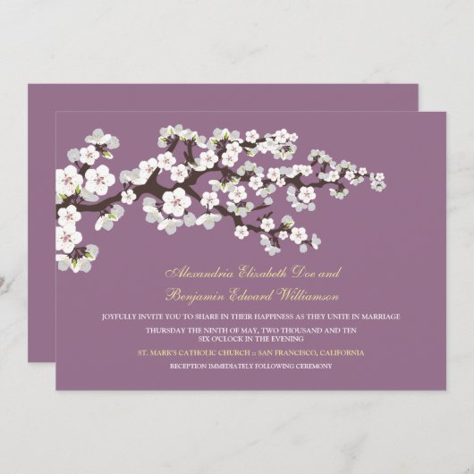 Cherry Blossom Wedding Invitation (lavender) Kaart (Voorkant / Achterkant)