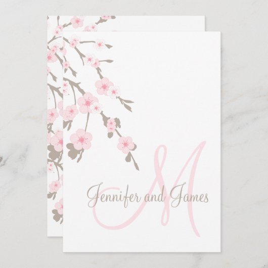 Cherry Blossom Wedding Invitation Monogram Terug Kaart (Voorkant / Achterkant)