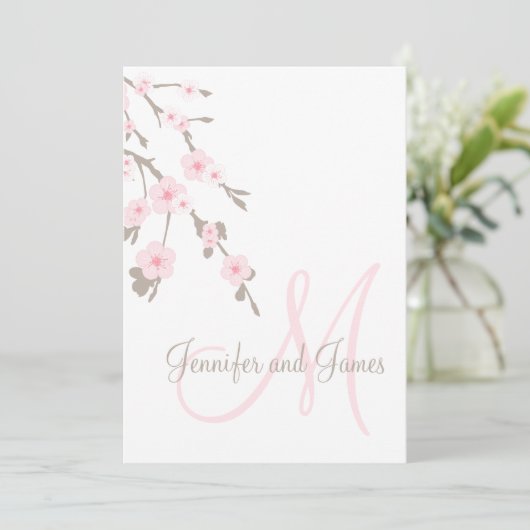 Cherry Blossom Wedding Invitation Monogram Terug Kaart (Staand voorkant)