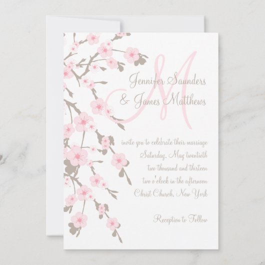 Cherry Blossom Wedding Invitation Monogram Terug Kaart (Achterkant)