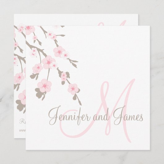 Cherry Blossom Wedding Invitation Monogram Terug Kaart (Voorkant / Achterkant)